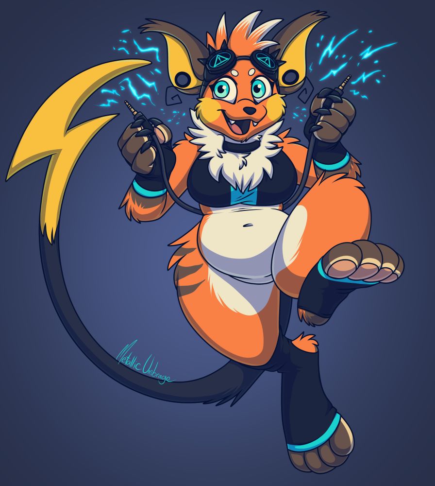 Jumper the raichu hopping toward the viewer and holding an AUX cord in xeir paws. Xey are wearing a tube top, fingerless gloves, and toeless socks, as well as cybergoth goggles on xeir head.