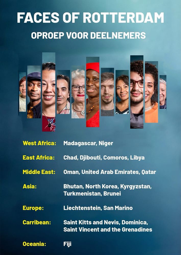 Verschillende gezichten met eronder de tekst: 
West Africa: Madagascar, Niger
East Africa: Chad, Djibouti, Comoros, Libya
Middle East: Oman, United Arab Emirates, Qatar
Asia: Bhutan, North Korea, Kyrgyzstan, Turkmenistan, Brunei
Europe: Liechtenstein, San Marino
Carribean: Saint Kitts and Nevis, Dominica, Saint Vincent and the Grenadines
Oceania: Fiji