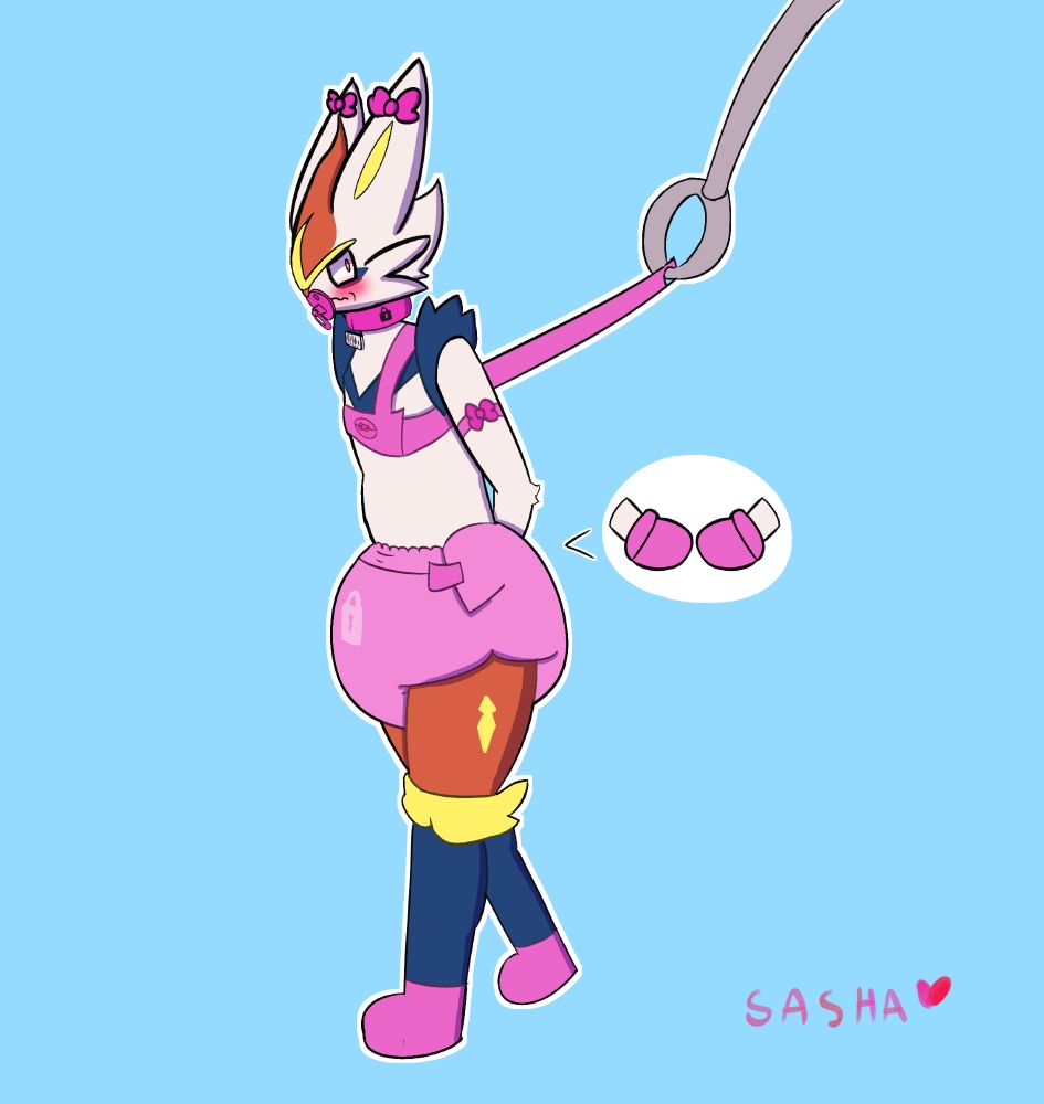 a drawing of an embarrassed cinderace wearing a thick pink diaper, mittens, a collar and leash, and ribbons on his ear while sucking on a pacifier. A mechanical arm holds his leash from behind, guiding him somewhere.