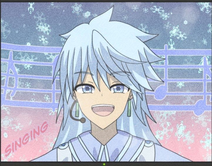 My OC Skadi singing on TV. She has light blue hair and eyes, wearing a mic set for singing. She has turquoise earrings. and a blue and white idol outfit.