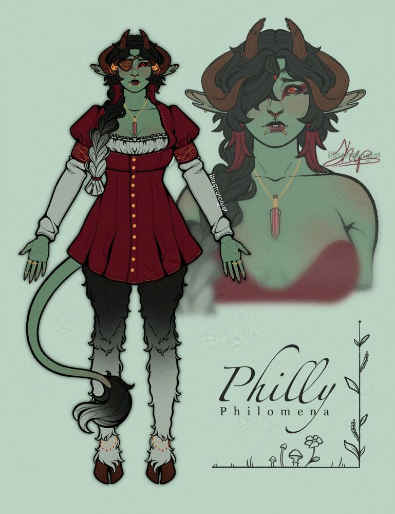A character sheet for my OC, Philly. It includes a full-body of her wearing a short, Tudor-inspired gown, and a close-up portrait with her hair covering her injured eye. In the bottom right is a border with various plants and fungi, surrounding the text "Philly. Philomena."