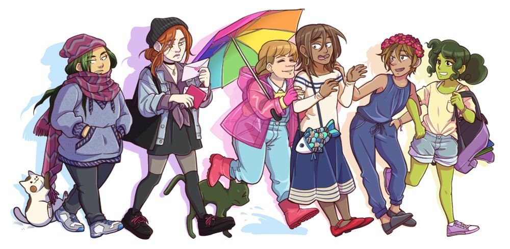 The Rainette cast walking to the right of the picture. Each one is dressed according to a month in the year. Sayana is January, Aglaé February, Marjolaine March, Estrid April, Laura is May, and Rainette June! You can also see Firmin and Eleanor, the cats.