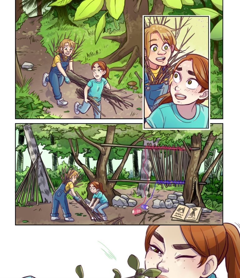 Aglaé et Marjolaine enfant, se promènent dans une forêt verdoyante et construisent une cabane 