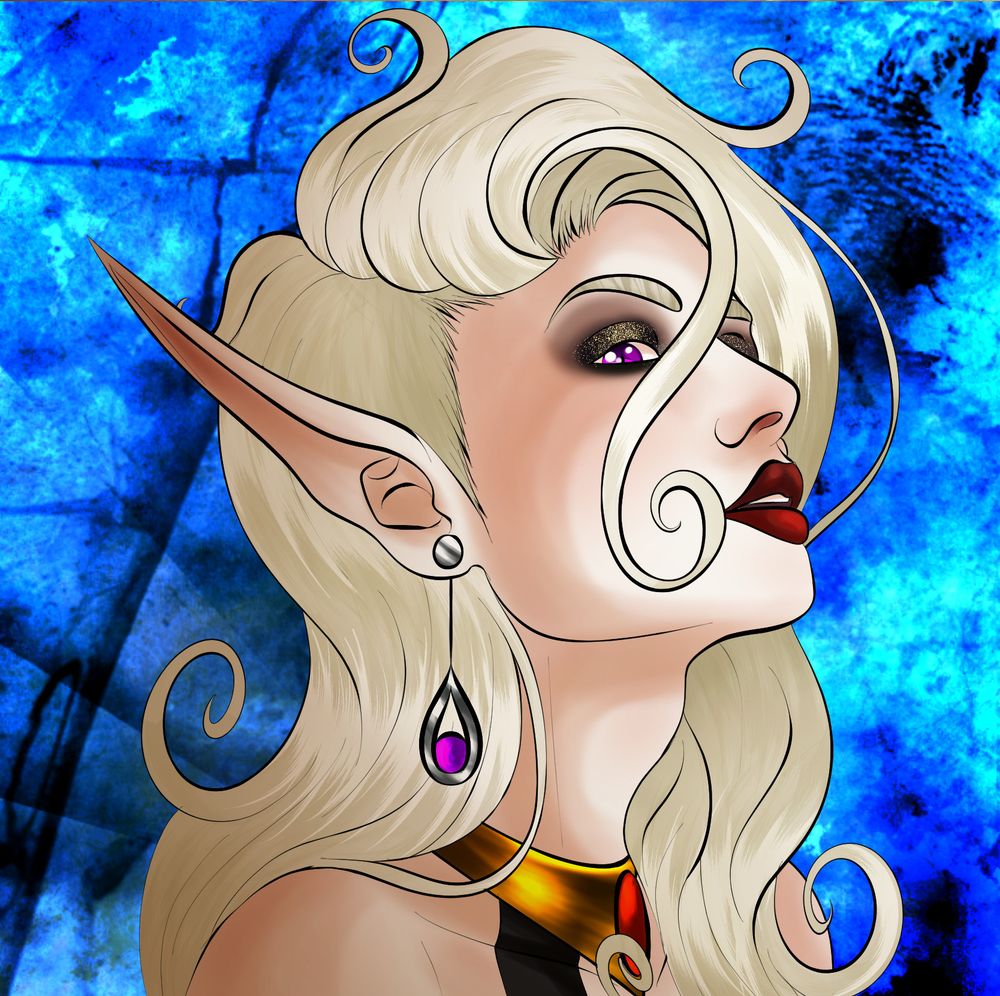 Here is a portrait of an OC of mine called Azerel. 
Azerel look down on the user while having a smirk and having his face turned to the right side. 
He has long platinum ash gold air color that are somewhat swirly. One Strand passing over his face cutting the corner oh his smirk and the inner corner of his eye while the fringe is visible behind the face. 
He has long point ears, very long ears as he's a Fallen and not an elf. He wear several jewellery, notably silver tear drop shaped hanging earrings with a singular purple-magenta stone in it and a golden collar with a giant red stone in the middle. He wear eyes shadow that are a smokey color on his eyelids and covered in a golden glitter while his lips are a deep dark red. His irises are as purple as the stone on his earrings. 