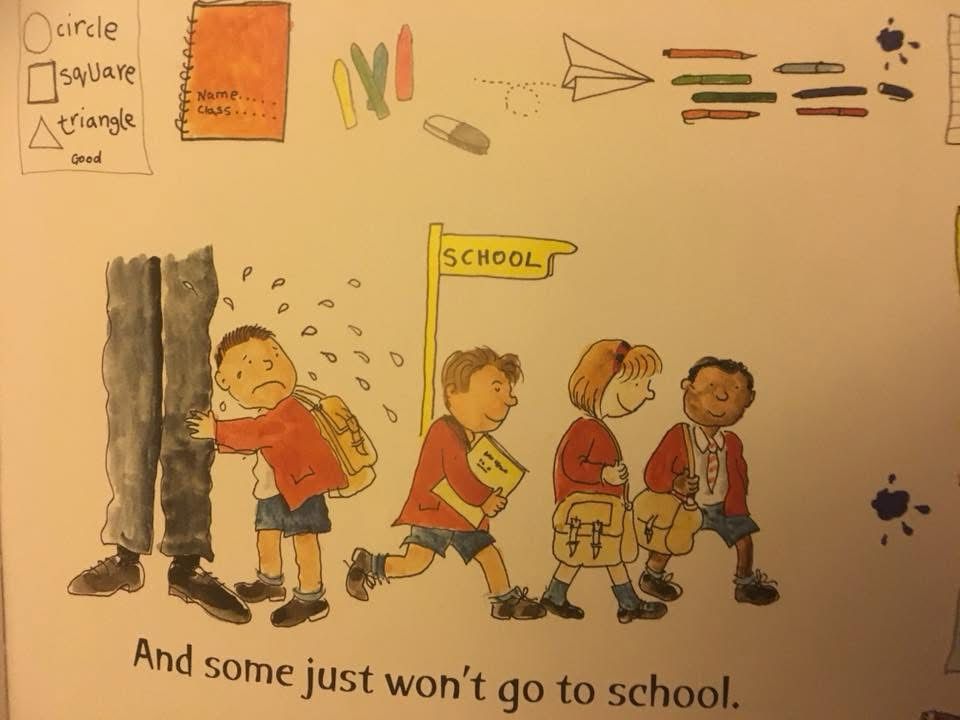 A childrenโs book illustration shows one little boy crying and clinging to his fatherโs leg in school uniform. There are just legs drawn to suggest the dad is so much taller but the illustration stops at the knees. Other children in uniform of the same age are showing walking in the opposite direction as indicated by a mile sign saying โschoolโ in the direction they are going