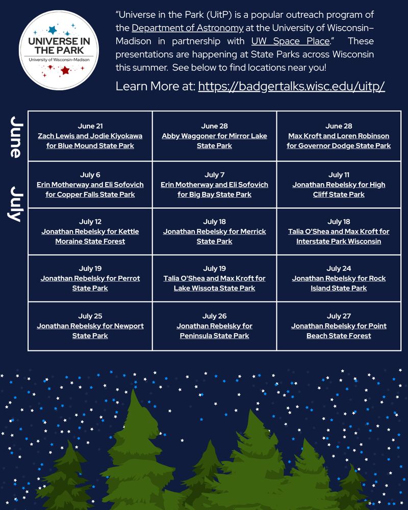 Flyer with the Universe in the Park logo, "“Universe in the Park (UitP) is a popular outreach program of the Department of Astronomy at the University of Wisconsin– Madison in partnership with UW Space Place.”  These presentations are happening at State Parks across Wisconsin this summer.  See below to find locations near you!" and “Learn more at: https://badgertalks.wisc.edu/uitp/”, with the schedule for June and July (available on the website linked).