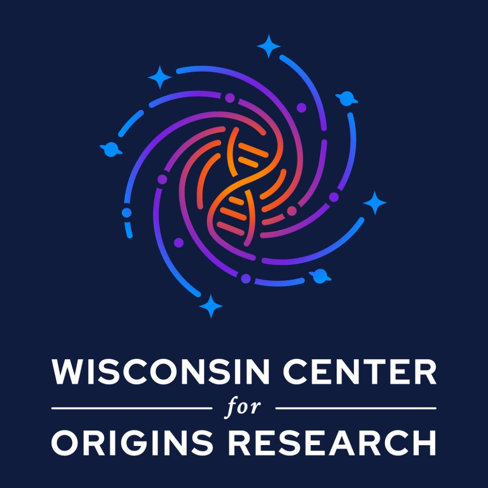 The Wisconsin Center for Origins Research Logo which depicts a spiral galaxy converging to form a strand of DNA.
