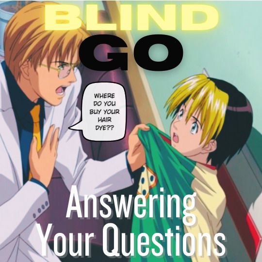 "Blind Go
Answering Your Questions"

Text is overlayed over a screenshot of Ogata grabbing Hikaru by the collar, with a dialogue box of Ogata saying "Where do you buy your hair dye??"