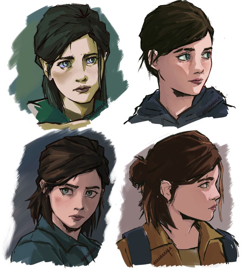 Image of 4 separate digital portraits of Ellie from the last of us part 2 with a simplified design 