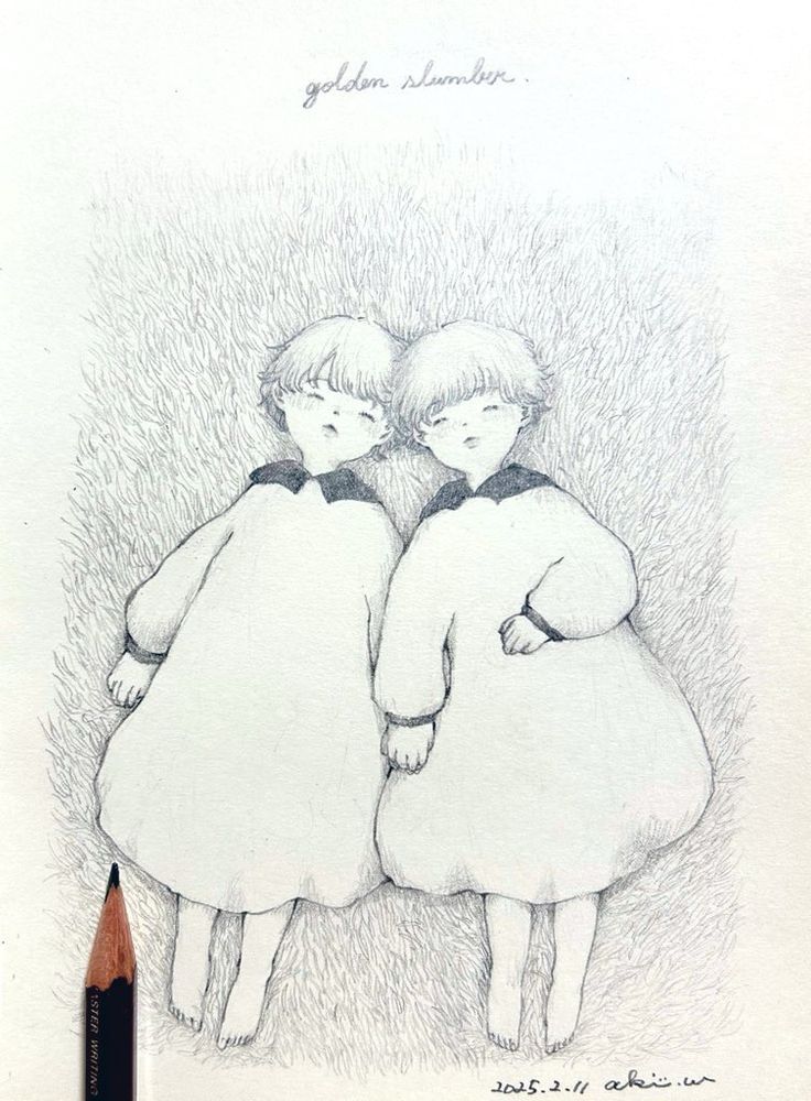 草原で寝転んでまどろむ子どもふたりの鉛筆画
