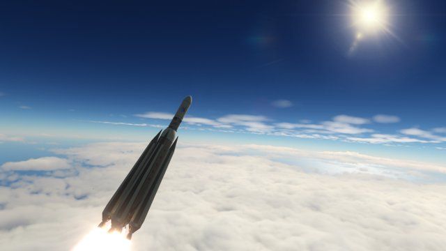 A five-engine rocket soaring over the clouds toward the sun.
