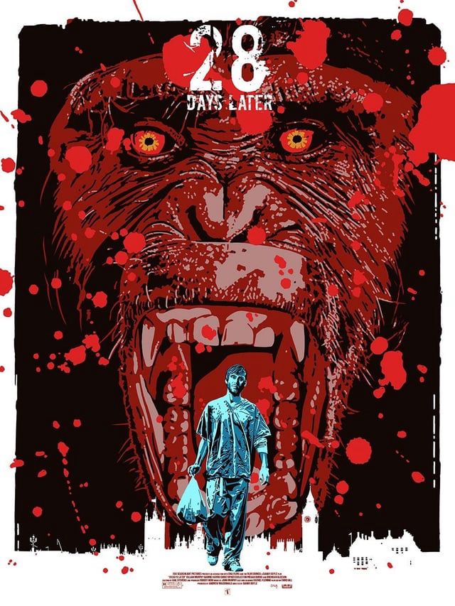 Poster for the film “28 Days Later,” featuring a rage-virus-infected monkey.