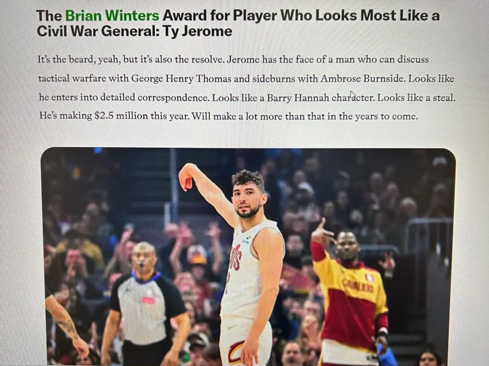 Picture of Ty Jerome, former basketball player for UVA and current player on the Cleveland Cavaliers, with the headline: “The Brian Winters Award for Player Who Looks Most Like a Civil War General.”