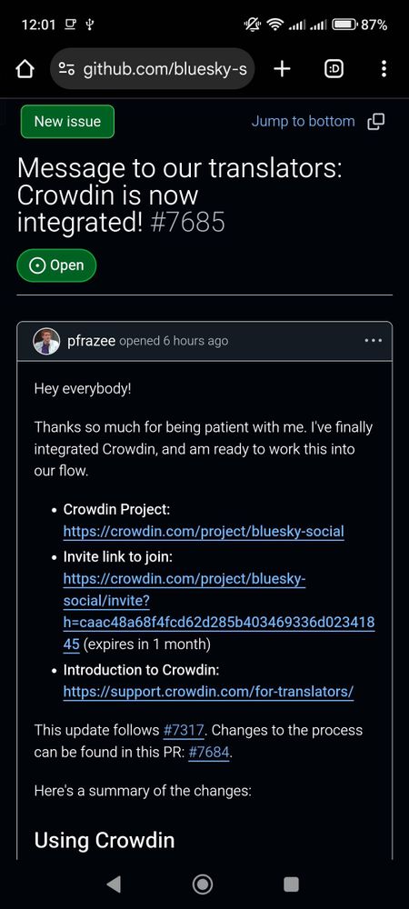 Crowdinを採用した文章 (GitHub)