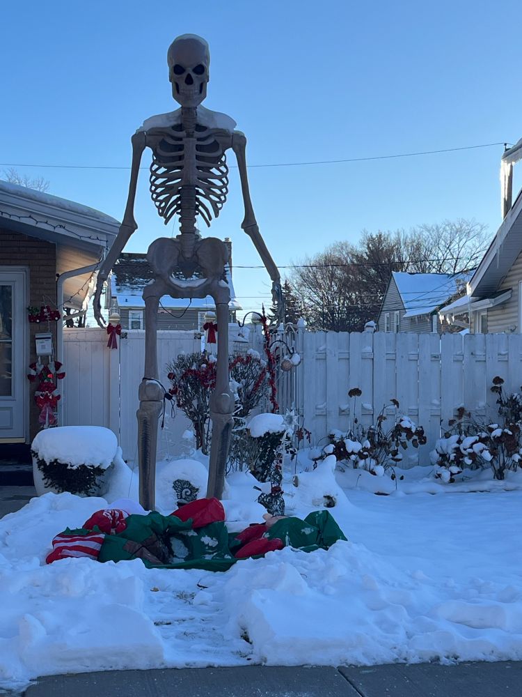 A skeleton towers over deflated elves.