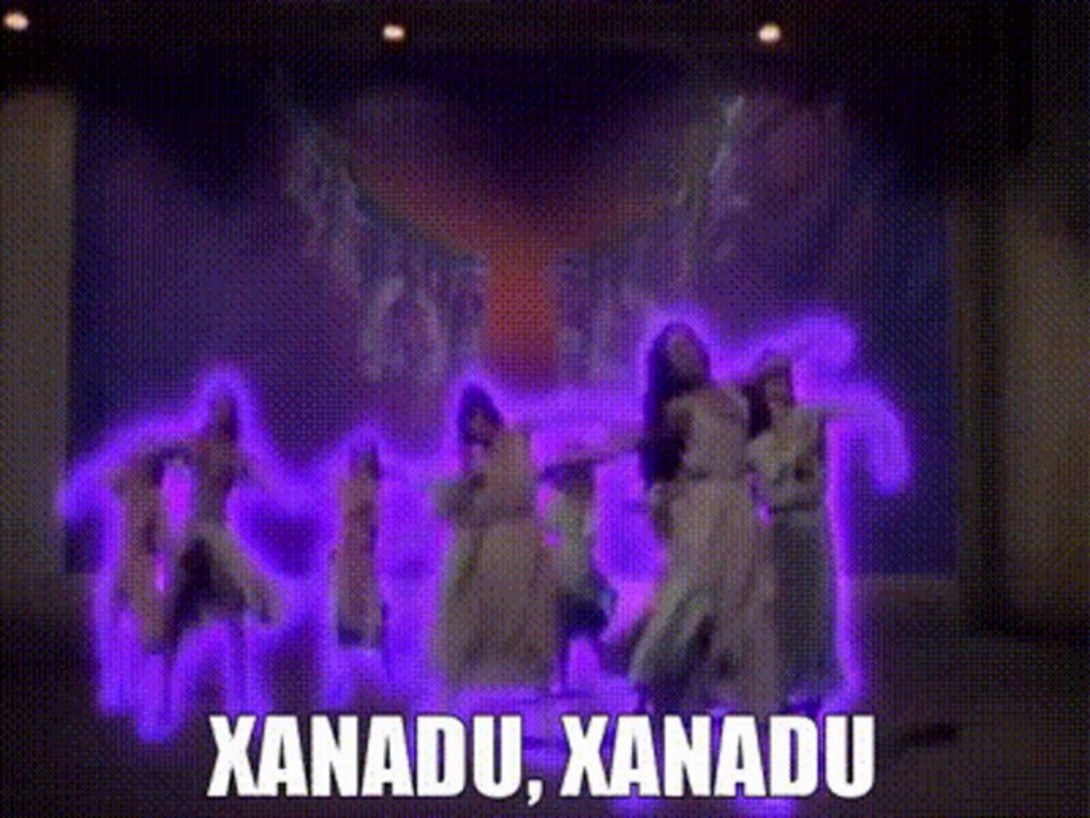 a group of women are dancing in front of a purple background with the words xanadu xanadu