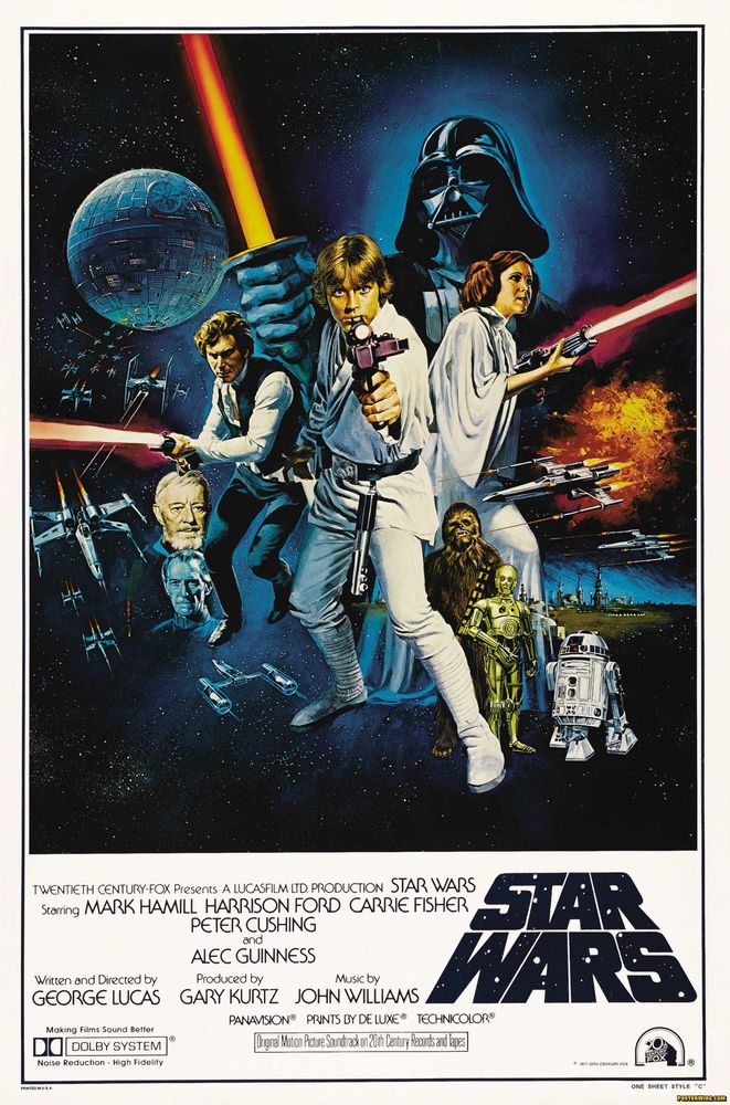 The Visual Mythos Begins – Original 1977 Star Wars Poster

This vibrant theatrical poster, released in 1977, introduced audiences to Star Wars (later retitled Episode IV: A New Hope), capturing the essence of George Lucas’s ambitious space epic through bold, dynamic artwork. Dominating the center, a young Luke Skywalker raises a glowing lightsaber overhead, evoking classical heroic poses reminiscent of mythological figures. Beside him stands Princess Leia, blaster in hand, evoking both strength and mystery. Behind them looms the ominous visage of Darth Vader, whose presence foreshadowed the saga’s central conflict between light and darkness. The background is filled with X-wing and TIE fighters clashing across a starry battlefield, symbolizing the larger galactic war at play. The menacing silhouette of the Death Star hovers above—a visual shorthand for looming imperial power. Also depicted are key characters such as the wise Obi-Wan Kenobi, the cold and calculating Grand Moff Tarkin, and the beloved droids R2-D2 and C-3PO. Chewbacca and Han Solo are poised for action, underscoring the ensemble nature of the rebellion. This poster not only introduced these characters but also conveyed a sense of scale, urgency, and magic. The hand-painted style lent it a timeless, fantasy-novel aura that set it apart from other science fiction fare of the era. Below the art, the credits highlight George Lucas as writer and director, John Williams as composer, and the cast that would soon become household names. The poster encapsulated the unique blend of myth, science fiction, and adventure that would come to define Star Wars, igniting the imaginations of millions and launching one of the most influential franchises in cinematic history.