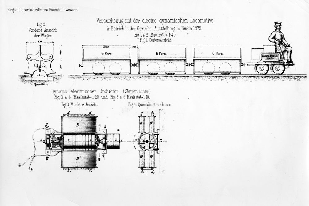 Technical Blueprint of the Siemens Electric Locomotive (1879)

This historical engineering diagram showcases the technical plans of the world’s first electric locomotive, designed by German inventor Werner von Siemens and unveiled at the Berlin Industrial Exposition on May 31, 1879. The upper portion of the schematic presents a side elevation and frontal view of the locomotive with two open passenger cars labeled “6 Pers.”—indicating their capacity to seat six individuals each. The compact locomotive is depicted with a uniformed operator sitting atop a small control bench, its boxy structure housing the electromechanical components beneath. The blueprint includes precise German annotations and measurements, such as “Maassstab 1:40” (scale 1:40), reflecting the locomotive’s dimensions and alignment with industrial standards of the time. Below, cross-sectional views reveal the design of Siemens’ pioneering dynamo-electric inductor. This central innovation transformed mechanical energy into electric current using electromagnetic induction—a principle critical not only to locomotion but also to the broader field of electrical engineering. The labeled components, including coils, shafts, and brushes, are laid out with meticulous care, reflecting the precision and ambition behind Siemens’ creation. Published in the Organ für die Fortschritte des Eisenbahnwesens (“Journal for the Advancement of Railway Technology”), the blueprint served not only as documentation but also as an invitation for engineers and industrialists to imagine new applications of electric transit. At the time, steam engines dominated rail transport, but they were noisy, polluting, and inefficient in urban contexts. Siemens’ electric locomotive offered a silent, smoke-free alternative, and this diagram laid bare the technological promise of electrification.