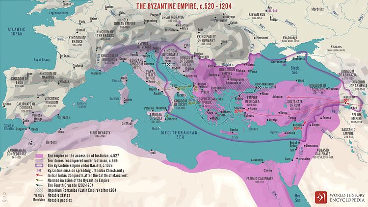 Mapping Byzantium – The Byzantine Empire Before the Fall

This detailed historical map illustrates the extent and gradual contraction of the Byzantine Empire from around 520 to 1204 CE, offering crucial geographic context to the eventual fall of Constantinople in 1453. At its height, the Byzantine Empire—shown here in rich hues of purple and blue—stretched across vast portions of Southern Europe, North Africa, and the Eastern Mediterranean, representing the continuation of the Eastern Roman Empire after the fall of Rome. Notably, the map highlights key regions such as Anatolia, Greece, the Levant, and parts of Italy, all formerly under Byzantine control. Arrows and color-coded overlays chart the ebb and flow of territorial control, from the reconquests of Emperor Justinian I to the territorial losses after the pivotal Battle of Manzikert in 1071 and the Fourth Crusade’s sacking of Constantinople in 1204. By the time of Mehmed II’s siege, the Byzantine Empire had been reduced to little more than the fortified city of Constantinople itself, an isolated remnant of a once-mighty dominion. The surrounding regions had been absorbed by rising powers, including the Seljuk Turks and, most notably, the Ottomans. This map serves as a sobering visual of imperial decline, illustrating how centuries of external invasion, internal strife, and shifting alliances steadily eroded Byzantine sovereignty. By 1453, Constantinople was no longer a seat of a robust empire but a symbolic stronghold awaiting its final chapter. This image deepens the historical resonance of May 29, underscoring how the fall of a single city marked the end of an era shaped by Roman legacy, Orthodox Christianity, and imperial resilience.