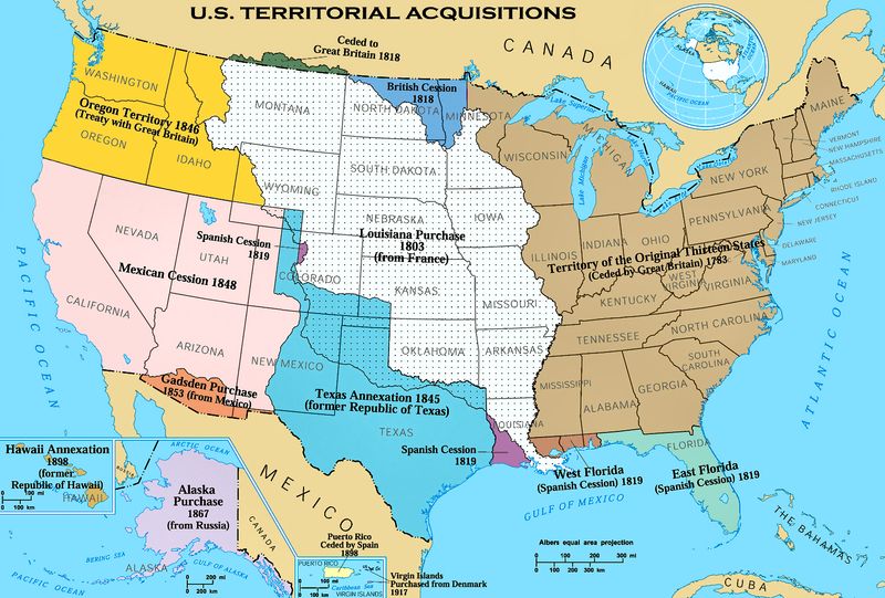 U.S. Territorial Expansion Map

This color-coded historical map depicts the various territorial acquisitions that shaped the United States, with a particular emphasis on the Mexican Cession of 1848 following the Treaty of Guadalupe Hidalgo. The Mexican Cession is shaded in light brown, indicating the land ceded by Mexico. Other major land acquisitions, including the Louisiana Purchase (1803), Texas Annexation (1845), and Gadsden Purchase (1853), are labeled, visually demonstrating how the U.S. expanded westward over the 19th century. The map provides context for U.S. expansionism, showing how the nation’s borders evolved through diplomatic agreements, purchases, and conflicts. The Mexican-American War, which preceded the 1848 treaty, was fueled by disputes over Texas and President James K. Polk’s aggressive expansionist policies. The Gadsden Purchase (1853), just south of the Mexican Cession, was later acquired to facilitate railroad development. This map also reflects how Native American lands were gradually seized, a process that led to widespread displacement. The Treaty of Guadalupe Hidalgo, while marking the end of U.S.-Mexico conflict, left a lasting impact on Mexican-American communities, whose land rights and citizenship were often challenged in the decades following the treaty’s signing. This visual representation underscores the U.S.’s territorial ambition, its conflicts with neighboring nations, and the long-term consequences for Indigenous and Hispanic communities.