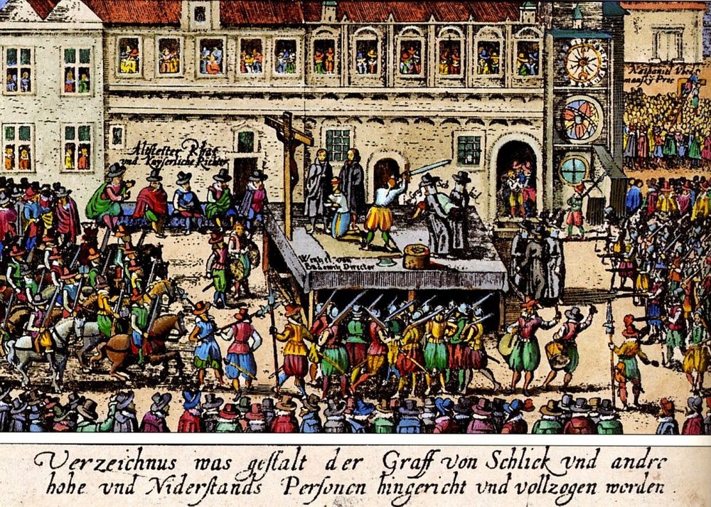 Executions in the Old Town Square – Retribution for the Revolt

This engraving captures the grim aftermath of the Second Defenestration of Prague and the failed Bohemian Revolt, depicting the public execution of Protestant leaders on June 21, 1621, in Prague’s Old Town Square. Central to the image is a raised wooden scaffold where multiple nobles and Protestant figures are beheaded by swordsmen under the watchful eyes of Habsburg authorities. The executioner is mid-swing, sword raised, as a kneeling victim prepares for the fatal blow. The crowd surrounding the platform is a dense mass of soldiers, nobles, townspeople, and clergy—some spectating from balconies, others gathering in the square below. The variety of figures and their vivid attire, from the feathered hats and doublets of nobles to the bright uniforms of soldiers, signal the event’s theatrical and symbolic nature: not just a punishment, but a message of imperial dominance

Inscriptions below the image identify those being executed, including Count von Schlick and other Bohemian lords who had supported the rebellion. At the edges of the scene, Catholic symbols and heraldry emphasize the restoration of Habsburg rule and the suppression of Protestant dissent. The ornate Renaissance buildings and clock tower anchoring the background place the event squarely in Prague’s urban heart—highlighting how the revolt, which began with nobles hurling Catholic officials from a castle window, would end not with negotiations, but executions. These deaths marked a turning point in the Thirty Years’ War, signaling the Habsburgs’ intent to crush religious plurality and enforce Catholic re-Catholicization. The square, once a civic space for markets and celebration, is transformed into a stage of terror and retribution

This is not merely historical record—it is propaganda, memorial, and warning. It immortalizes the price of rebellion and the legacy of the Defenestration: the religious and political reshaping of Central Europe