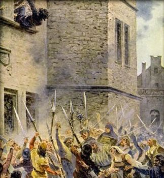 A People’s Fury – The Prague Mob Reacts to the Defenestration

This vivid illustration captures the immediate aftermath of the Second Defenestration of Prague on May 23, 1618, from the street-level perspective of commoners witnessing a seismic political event. The image shows one of the Catholic officials, moments after being thrown from a castle window by Protestant nobles, descending toward a frenzied crowd. The stone façade of the Bohemian Chancellery towers in the background, while swords and spears thrust skyward from the dense assembly of angry citizens below. The mob—composed of peasants, burghers, and soldiers—is depicted in various states of uproar: some scream in protest, others reach upward, and a few appear to brace to catch or strike the falling figure. Their expressions and movements reveal a collective sense of outrage, fear, and empowerment. This moment captures more than a singular act of violence—it reflects the broader mood of Bohemia at the dawn of the Thirty Years’ War. Tensions over religious rights, imperial authority, and Protestant liberties had long simmered. The defenestration crystallized those frustrations into open rebellion. What followed was no mere protest—it was a nationwide revolt that drew in foreign powers and evolved into a continent-wide war. Though the men thrown from the window survived, this act symbolized the rejection of Habsburg dominance and the beginning of a multi-decade conflict that would devastate Europe. The image also underscores the role of ordinary people in shaping historic turning points. Their presence in this scene reminds viewers that history is not only made in palaces or parliaments but also on the streets—where citizens’ reactions can magnify an isolated act into a global crisis. The rough stone, sharpened blades, and collective motion of the crowd give the moment urgency, grounding it in the volatile political and religious upheaval of the early 17th century.