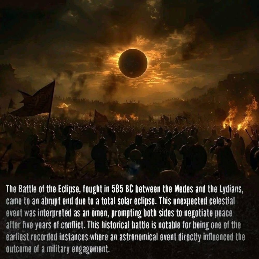 The Battle Beneath the Black Sun – Eclipse of 585 BCE

This dramatic digital artwork captures the surreal moment during the Battle of the Eclipse on May 28, 585 BCE, when a total solar eclipse abruptly halted combat between the Medes and the Lydians. In the foreground, thousands of ancient soldiers clad in bronze armor and gripping spears and shields are frozen mid-conflict as an ominous dark sun dominates the sky above. The eclipse bathes the entire battlefield in an eerie orange glow, with silhouettes of flags, weapons, and plumes of smoke intensifying the sense of awe and confusion. Fire blazes across the horizon, emphasizing the chaos of war interrupted by cosmic wonder. This historically significant moment marked one of the earliest known instances where an astronomical event directly impacted a human conflict. The eclipse, which ancient peoples interpreted as a divine omen, led both sides to cease fighting and negotiate peace after five brutal years of warfare. Famously predicted by the Greek philosopher Thales of Miletus, this celestial phenomenon highlighted a turning point in how nature, science, and diplomacy intersected. The image embodies the profound cultural and symbolic weight of the eclipse, visually echoing how the sudden darkness transcended the battlefield and became a harbinger of peace. It stands as an artistic tribute to a moment when the heavens overshadowed the sword—reminding viewers of the unexpected ways nature can redirect human history and how observation and foresight once reshaped the destiny of nations.
