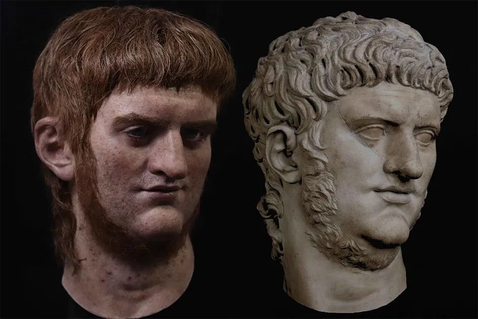 The Face of a Tyrant – Nero in Stone and Flesh

This composite image juxtaposes two representations of Emperor Nero: a digital facial reconstruction on the left and a classical marble bust on the right. Together, they reveal both the ancient Roman perception of Nero’s appearance and how modern forensic artistry reimagines historical figures with greater realism. The left side features a lifelike rendering developed from archaeological evidence and 3D scans, showcasing Nero with ruddy, freckled skin, a prominent jawline, and distinctive reddish-blond hair styled in the recognizable imperial fashion of his era. His eyes and expression evoke a mix of youthful arrogance and detached contemplation—a humanizing yet unsettling portrayal of one of history’s most infamous emperors

The right side displays a traditional marble bust from antiquity, a Roman sculptural medium often used to communicate both likeness and propaganda. Nero’s head is slightly turned, his face chiseled with full cheeks, a downturned mouth, and a powerful neck. The wavy hair is meticulously detailed, consistent with Julio-Claudian stylistic preferences. Notably, the bust omits imperfections and exaggerates features associated with strength and control, aligning with how Roman emperors often sought to portray divine favor and authority through idealized portraiture

By presenting these two versions side by side, the image invites viewers to consider how history is both preserved and reshaped. Ancient Romans crafted likenesses to assert legitimacy; today, we use technology to peel back myth and approximate physical truth. Nero’s legacy—marked by cruelty, political paranoia, artistic ambition, and the infamous persecution of Christians—remains controversial. Yet in these visual depictions, we see the evolving dialogue between past and present, myth and reality. They underscore the tension between public image and private identity, and how even a tyrant’s face continues to command scrutiny across millennia