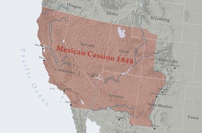 Map of the Mexican Cession (1848)

This historical map illustrates the territorial changes resulting from the Treaty of Guadalupe Hidalgo, signed on February 2, 1848, marking the end of the Mexican-American War. The shaded area, labeled “Mexican Cession 1848,” represents the vast land—approximately 529,000 square miles—that Mexico ceded to the United States. This region, encompassing present-day California, Nevada, Utah, and parts of Arizona, Colorado, New Mexico, and Wyoming, significantly expanded U.S. territory and altered the geopolitical landscape of North America. Before the war, these lands were under Mexican sovereignty, with Spanish and Indigenous influences shaping the region’s history. The treaty formalized U.S. control, accelerating westward expansion under the ideology of Manifest Destiny, the belief that the United States was destined to spread from coast to coast. However, this acquisition fueled tensions over the expansion of slavery, intensifying sectional divides that would eventually lead to the Civil War. The treaty also promised protection of Mexican landowners’ rights, though many faced legal disputes and displacement in subsequent decades. The legacy of the Mexican Cession remains embedded in the cultural, demographic, and political identity of the southwestern U.S. today, where Hispanic and Indigenous heritage continues to shape the region. The map itself, a modern historical representation, highlights the borders imposed after the war, illustrating the dramatic territorial shift and the lasting impact of the 1848 treaty.