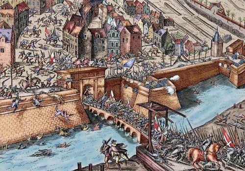 Chaos at the Bridge – Prague Uprising Escalates into Open War

This engraving offers a bird’s-eye view of a violent clash on a stone bridge during the early stages of the Bohemian Revolt following the Second Defenestration of Prague on May 23, 1618. Soldiers, civilians, and cavalry are seen in a chaotic mêlée that has spilled across the bridge and into the adjacent cityscape. The detailed architecture of Renaissance-era Prague surrounds the scene, giving context to the civil unrest that erupted in the wake of religious and political strife. Flags bearing various heraldic emblems flutter over the chaos, suggesting the involvement of competing regional factions. Men in colorful 17th-century uniforms fire muskets and wield swords while others fall into the river or are trampled underfoot. The tightly packed crowd illustrates the scale of the conflict, conveying the moment the Bohemian revolt transitioned from palace intrigue to urban warfare. The bridge, an important passage into the city’s heart, symbolizes the contested control of Prague between imperial Catholic forces and Protestant rebels. This eruption of violence, sparked by the defenestration of two imperial envoys by Protestant nobles, rapidly escalated into the Thirty Years’ War—a pan-European conflict that engulfed the Holy Roman Empire and drew in major powers like Spain, France, Sweden, and the Ottoman Empire. The image underscores the fragility of civil order and the speed with which political symbolism (throwing envoys from a window) can spiral into full-blown war. It also reflects the deeply entangled nature of religious tension and regional autonomy that defined early modern Central Europe. The river, rendered in stark contrast to the violence, appears as a silent witness to the bloodshed—its currents carrying not only bodies but the weight of a continent’s disintegration into religious conflict. The image vividly narrates the grim opening chapter of a war that would claim over eight million lives.