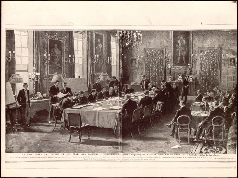 Signing of the Treaty of London – The End of the First Balkan War (1913)

This detailed illustration captures the pivotal moment on May 30, 1913, when representatives from the Balkan League and the Ottoman Empire convened in the opulent Portrait Gallery of St. James’s Palace in London to sign the Treaty of London, officially ending the First Balkan War. The setting exudes the formality and high stakes of early 20th-century diplomacy, with its grand chandeliers, richly patterned drapes, and regal portraits towering over the assembled statesmen. Seated at the table are envoys from the victorious Balkan states—Greece, Serbia, Bulgaria, and Montenegro—as well as Ottoman delegates and mediating powers such as the United Kingdom. These negotiators deliberated the fate of Ottoman territories in Europe after a brutal seven-month conflict that saw the Balkan League decisively defeat the Ottoman Empire, exposing the weakening grip of a centuries-old power.

The Treaty of London redrew the geopolitical map of the Balkans. The Ottoman Empire lost nearly all of its European holdings west of the Enos-Midia line, retaining only a sliver of Eastern Thrace around Constantinople (now Istanbul). The image documents a moment filled with both triumph and uncertainty. While the Balkan states had achieved their military aims, the conference failed to resolve underlying tensions—particularly disputes between Bulgaria and its former allies over territorial gains in Macedonia. These unresolved conflicts would soon erupt into the Second Balkan War later that same year.

This event was more than a regional affair; it was a signal to Europe that the balance of power in the Balkans was rapidly shifting. The vacuum left by the Ottoman retreat, combined with rising nationalism and Great Power rivalries, contributed directly to the chain of events that would spark World War I the following year.