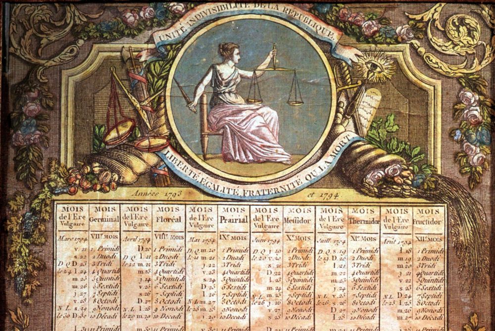 The French Republican Calendar and the Symbolism of Enlightenment Order

This richly detailed image depicts an ornate calendar from the French Republican era, specifically covering the years 1793 to 1794. At its center is an allegorical representation of Justice or Reason, portrayed as a seated female figure clad in classical robes. She holds a balanced scale in one hand and a golden weight in the other, embodying Enlightenment ideals of rationality, equality, and measurement. The surrounding imagery bursts with revolutionary symbolism: a radiant all-seeing eye, rays of light, and a pyramid evoke knowledge, vigilance, and a divine order rooted in science. Banners above and below her read, in French, “Indivisible Unity of the Republic” and “Liberty, Equality, Fraternity or Death”—mottoes of the revolutionary ethos. 

A cornucopia of fruits and flowers spills forth beside tools of measurement and learning, emphasizing abundance through reason and harmony. Below the seated figure lies the actual Republican calendar grid, which replaces the traditional Gregorian months with uniquely French ones—like Germinal, Floreal, and Prairial. Days are listed using the decimal system, with décades instead of weeks, a radical departure designed to sever ties with religious and monarchical timekeeping. This calendar was part of a broader push for universal standards of weights, measures, and time during the French Revolution, laying cultural groundwork for the metric system. The artwork not only captures a brief moment in France’s sociopolitical experimentation but also celebrates humanity’s quest to measure the world by logic, not legacy.