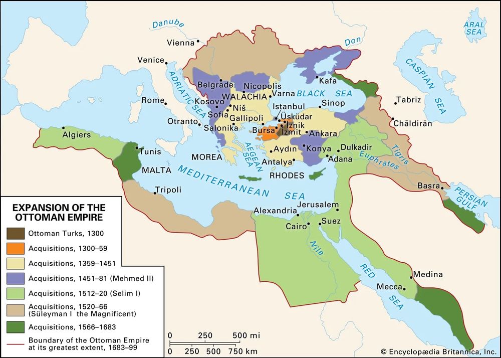 Ottoman Expansion After the Fall of Constantinople

This historical map visualizes the vast territorial growth of the Ottoman Empire from its origins in 1300 through its height in the 17th century, with particular emphasis on the aftermath of the 1453 conquest of Constantinople. Color-coded regions trace each major phase of expansion under successive sultans, beginning with the modest holdings of the early Ottomans in northwestern Anatolia (shown in dark brown), extending through Mehmed II’s rapid acquisitions (in purple) following his decisive capture of the Byzantine capital. The seizure of Constantinople not only marked the death of the Byzantine Empire but also became the launchpad for an imperial campaign that would absorb much of the Balkans, Eastern Europe, and the Arab world. The map highlights how Mehmed II consolidated the city—renamed Istanbul—as his imperial seat, transforming it into a cosmopolitan center of Islamic power, commerce, and scholarship. From there, the Ottomans expanded across Greece, Serbia, and Hungary, confronting Christian Europe while simultaneously conquering Muslim territories in the Middle East and North Africa. Later rulers such as Selim I and Suleiman the Magnificent further extended the empire’s reach into Egypt, Arabia, and deep into the heart of Europe. The red boundary line traces the empire at its greatest territorial extent between 1683 and 1699, when it stretched from Algiers to the Persian Gulf and from the Danube to Mecca. This visualization underscores how the fall of Constantinople was more than a singular conquest—it was a strategic and symbolic moment that transformed the Ottomans from regional power to global empire, changing the course of Eurasian history and global trade for centuries to come.