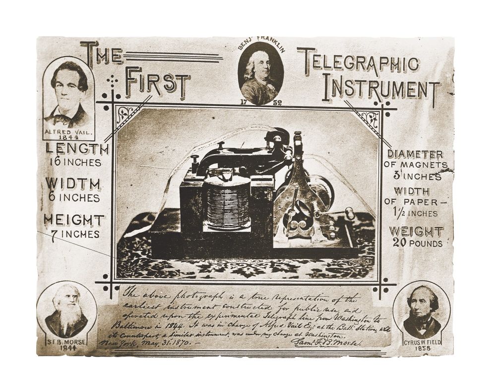 The First Telegraphic Instrument: Historical Poster & Specifications

This archival image features a poster highlighting the first telegraphic instrument used in the 1844 transmission by Samuel Morse. The central focus is a photograph of the original device—an electromagnetic telegraph machine—flanked by ornate text and illustrations that document its specifications and historic importance. The design captures not only the technical details but also the celebratory tone surrounding one of the 19th century’s greatest technological breakthroughs. The poster lists dimensions (16 inches long, 6 inches wide, 7 inches high), weight (20 pounds), and core components including the 3.5-inch diameter magnets and 1.5-inch wide paper used to record Morse code. Portraits of key figures such as Samuel Morse, Alfred Vail (his collaborator), and Cyrus W. Field (a telegraph pioneer who later championed the transatlantic cable) frame the composition. Notably, Benjamin Franklin is included, symbolically linking the telegraph to the broader lineage of American scientific achievement. Beneath the photo, an inscription recounts that this machine transmitted the first official telegraph message from Washington, D.C. to Baltimore on May 24, 1844, a feat accomplished by Morse from the Capitol and received at a Baltimore train station. This message, quoted from the Book of Numbers, underscored the spiritual and cultural weight of the moment, reflecting a sense of awe at mankind’s new ability to command the invisible force of electricity for communication. The telegraph became the backbone of the 19th-century information revolution, laying the groundwork for rapid-fire journalism, global diplomacy, and modern data networks. This poster, beyond its function as a technical snapshot, serves as both homage and artifact—a stylized record of how a simple code of dots and dashes transformed global interaction, compressed time and distance, and redefined the pace at which the world lived and connected