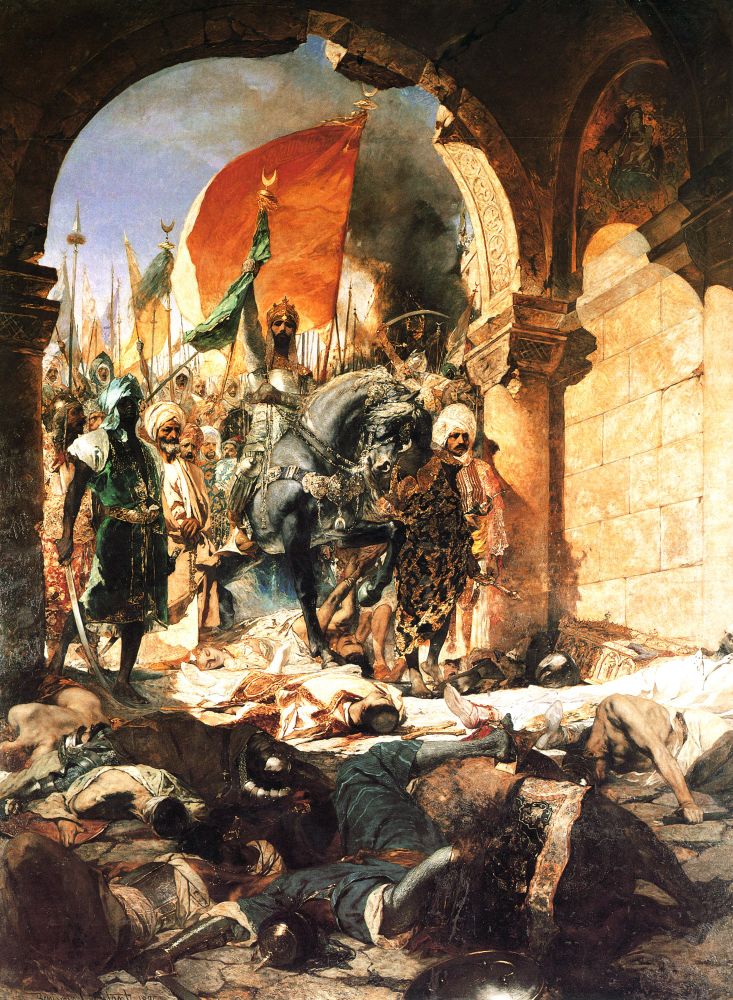 The Fall of Constantinople – The End of Byzantium and Dawn of a New Era

This dramatic painting captures the decisive moment on May 29, 1453, when Ottoman forces, led by Sultan Mehmed II, stormed Constantinople and brought an end to the Byzantine Empire. In this scene, Mehmed II is depicted astride a powerful warhorse, flanked by Ottoman soldiers carrying the crescent banner of Islam. Their faces are resolute, emerging from the smoky ruins of the city’s walls, which have been breached after a 53-day siege. Beneath the archway, the fallen defenders of Constantinople—some armored, some robed—lie scattered in defeat, symbolizing the collapse of a thousand-year-old Christian empire. The image conveys a stark contrast: the triumphant, orderly procession of the Ottomans against the chaos and devastation surrounding the defenders’ final stand. The moment marks a critical turning point in world history. Constantinople, once the eastern bastion of Christendom and the cultural heart of the Byzantine Empire, was transformed into Istanbul, the new capital of the burgeoning Ottoman Empire. Its fall reverberated far beyond the battlefield, disrupting trade routes to Asia and prompting European powers to seek new maritime paths—sparking the Age of Exploration. This conquest not only redefined geopolitical borders but also served as a powerful symbol of the transition from the medieval world to the early modern era. Through the lens of this painting, we glimpse the profound cultural, religious, and technological shifts that followed the collapse of Byzantium and the rise of Ottoman dominance.