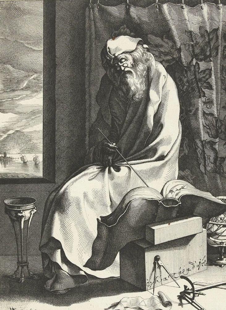 Thales of Miletus and the Eclipse That Stopped a War

This detailed engraving presents the Greek philosopher Thales of Miletus, depicted in scholarly solitude surrounded by scientific instruments, symbolizing his pioneering influence in natural philosophy and early astronomy. Draped in heavy robes with a scroll and compass at his side, Thales gazes contemplatively at a distant horizon—possibly evoking the eclipse he famously predicted. On May 28, 585 BCE, during a fierce battle between the Lydians and the Medes in Anatolia (modern-day Turkey), a sudden total solar eclipse plunged the battlefield into darkness. The celestial event—so dramatic and inexplicable to the soldiers—was interpreted as a divine omen, prompting an immediate ceasefire. Thales’ prediction of the eclipse stands as one of the earliest known applications of scientific reasoning to foresee natural phenomena, and his role in the event elevated him in ancient thought as a bridge between mythos and logos. This moment is not only a testament to ancient Greek advancements in astronomy and mathematics, but also a rare historical instance where science directly altered the course of warfare. By capturing Thales with tools of geometry and celestial observation, the image emphasizes his legacy as the first recorded individual to predict a solar eclipse, shaping humanity’s understanding of the cosmos. The illustration merges realism with allegory, celebrating an event where intellectual insight eclipsed the violence of war, forever enshrining Thales as a foundational figure in both philosophy and scientific history.