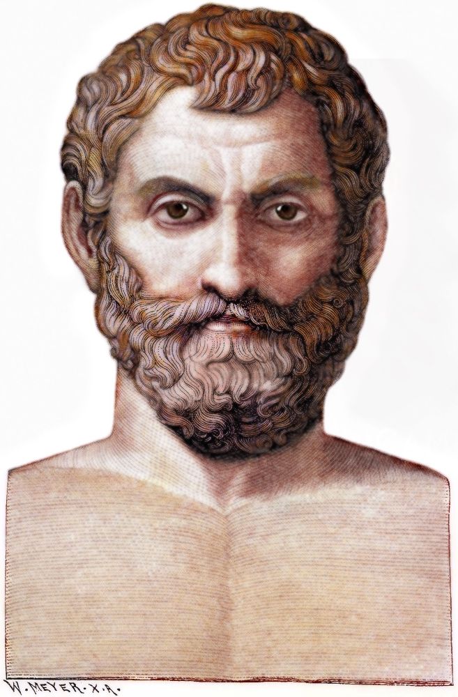 Thales of Miletus – Philosopher Who Predicted the Sky

This modern artistic rendering depicts Thales of Miletus, the pre-Socratic Greek thinker widely credited as the first known philosopher and one of antiquity’s earliest scientific minds. Thales, born in the city of Miletus in Ionia (modern-day Turkey), was a polymath whose insights spanned mathematics, astronomy, and natural philosophy. His calm, analytical expression and meticulously curled beard in this image reflect the gravitas often associated with classical wisdom. The image connects directly to the momentous event of May 28, 585 BCE, when a total solar eclipse unexpectedly interrupted a fierce battle between the Medes and Lydians. Thales had reportedly predicted this celestial event—a feat considered astonishing in his time. While it is debated whether he used Babylonian eclipse cycles or intuitive reasoning, the impact of the forecast was enormous. The eclipse was interpreted by warring factions as a sign from the gods, leading both sides to lay down arms and agree to peace. This image thus symbolizes not just a historical individual but a transformative intellectual moment: the recognition that human understanding of nature could influence political decisions and human behavior. Thales’ prediction marked an early convergence of science and society, making him a pioneer of rational thought and foreshadowing centuries of philosophical and scientific inquiry. By capturing his likeness in a stylized yet dignified form, the portrait invites reflection on how one man’s knowledge of the cosmos changed the course of history, not through conquest, but through foresight and reason.