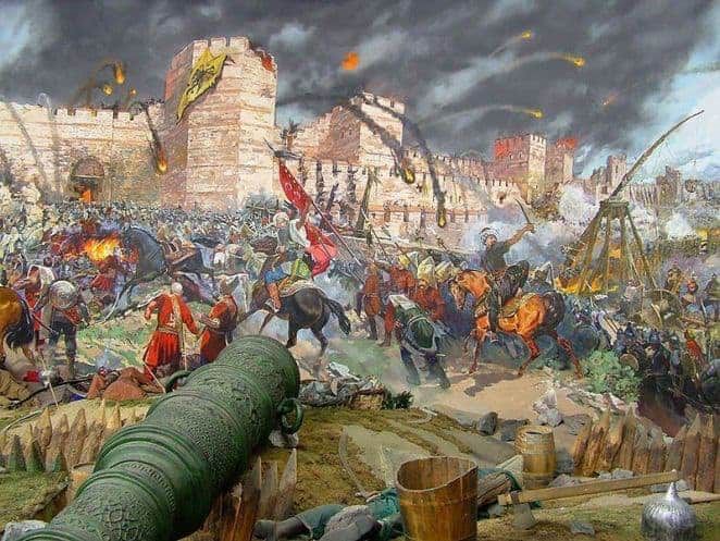 The Siege of Constantinople – The Final Assault of 1453

This dynamic image vividly captures the climactic moment of the Ottoman Empire’s final assault on Constantinople on May 29, 1453. Painted as a dramatic battlefield panorama, it showcases the chaos, fury, and technological power that defined one of the most consequential sieges in world history. In the foreground, massive Ottoman cannons—most notably the legendary bombard designed by Hungarian engineer Orban—dominate the scene, symbolizing the game-changing use of gunpowder artillery that ultimately shattered the once-impregnable Theodosian Walls. Behind them, Ottoman soldiers surge forward on horseback and foot, wielding swords and banners, while fiery projectiles arc through the sky amid smoke and destruction. The defenders of Constantinople, vastly outnumbered and outgunned, are shown making a last desperate stand. This was the final defense of a city that had stood for over a millennium as the heart of Eastern Christianity and Roman legacy. Sultan Mehmed II’s forces included not only Turks but a multiethnic army drawn from across the empire, reflecting the Ottomans’ rising cosmopolitan might. Inside the city, panic reigned as centuries-old structures fell and residents fled or fought. The fall of Constantinople marked not only the death knell of the Byzantine Empire but also a profound geopolitical shift: with the Ottomans now in control of the Bosphorus, European states faced restricted access to Eastern trade routes. This moment accelerated the search for alternative paths to Asia, sparking the Age of Exploration. The image immerses viewers in the thunderous final charge of an empire’s end and the dawn of a new global order forged through conquest, technology, and cultural transformation.