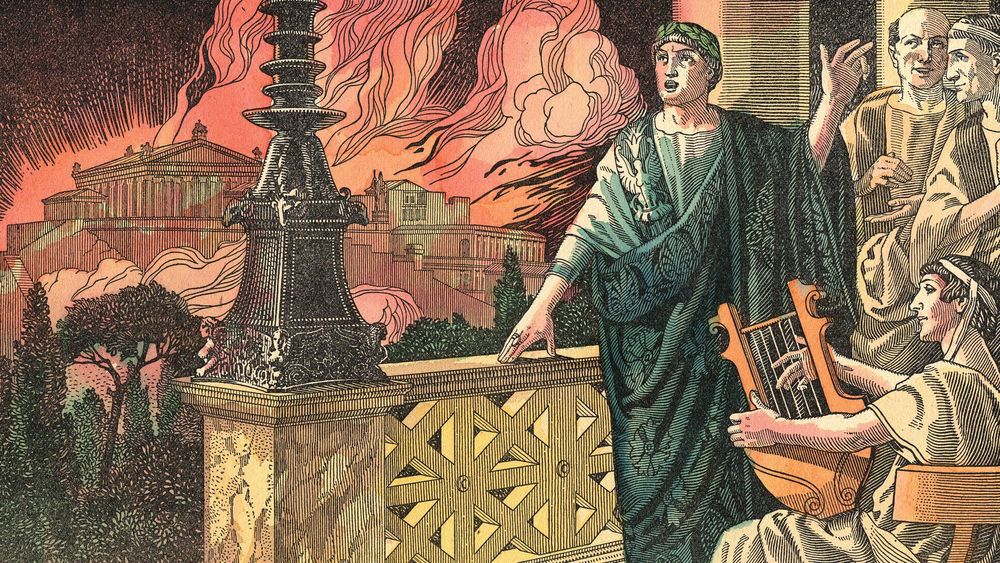 Nero Watches Rome Burn – The Legend and the Legacy

This dramatic illustration captures one of the most enduring and controversial legends in Roman history: Emperor Nero watching the Great Fire of Rome unfold. Set against a backdrop of stylized flames and classical architecture, the image visualizes the popular tale that Nero stood on a balcony overlooking the inferno while playing a lyre. To his right, a seated musician strums the ancient stringed instrument as Nero gestures toward the chaos consuming the city. Although historians widely dispute the accuracy of this story—most notably that Nero was actually in Antium at the time and returned to Rome to aid in relief efforts—the image reflects how deeply embedded this narrative has become in Western cultural memory.

The buildings ablaze in the distance include idealized depictions of Roman temples and forums, suggesting not only the destruction of infrastructure but also the symbolic disintegration of Roman order and civic pride. The sky, awash in red and orange hues, emphasizes the apocalyptic tone often associated with the event, which took place in 64 CE and burned for six days. The fire devastated much of the city, displacing thousands of Romans and creating a vacuum of trust in the imperial leadership.

Nero’s political opponents later used the story of his supposed indifference during the fire to undermine his reign. He deflected blame by accusing Christians of starting the blaze, marking one of the earliest major persecutions of Christians by the Roman state. This response would further darken Nero’s legacy, branding him a cruel and unstable ruler.

Whether fact or fiction, this image distills the complexities of Nero’s rule into a single visual narrative: an emperor absorbed in his own grandeur while his city—and his reputation—burns around him. It exemplifies how art and propaganda can outlast truth, shaping our understanding of historical figures for generations.