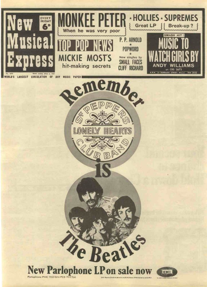 A Press Blitz for the Psychedelic Vanguard – Sgt. Pepper in Print Promotion

This historical image captures a 1967 promotional poster in the style of a tabloid front page from New Musical Express, the UK’s leading music publication at the time, celebrating the release of Sgt. Pepper’s Lonely Hearts Club Band. The bold black text announces The Beatles’ new LP from Parlophone Records, underscoring the album’s immense cultural anticipation. The typography mimics sensational headlines—“Remember Sgt. Pepper’s Lonely Hearts Club Band is The Beatles”—placed over a circular photo of the band in their now-iconic satin military uniforms. John, Paul, George, and Ringo are each adorned in flamboyant colors and handlebar mustaches, symbolizing their transformation from pop idols into avatars of the counterculture. At the time of its release on June 1, 1967, Sgt. Pepper was not just another Beatles album—it was a global cultural event. This poster promoted the LP as both sonic innovation and mass media product, using the design language of newspaper ads to generate mainstream hype for a deeply experimental record. The surrounding headlines reference contemporaneous pop news and artists—such as The Monkees, The Hollies, The Supremes, and Andy Williams—signaling the Beatles’ dominance even amidst a crowded music scene. Notably, this advertisement represented a shift in how records were marketed: Sgt. Pepper wasn’t sold on singles, but as a complete album experience, making full use of print to deliver a unified cultural message. The use of the newspaper aesthetic signified trust and urgency, positioning the album as must-hear news. This promotional artifact exemplifies the seamless blend of commercial savvy and artistic ambition that propelled The Beatles to the center of 20th-century music history.