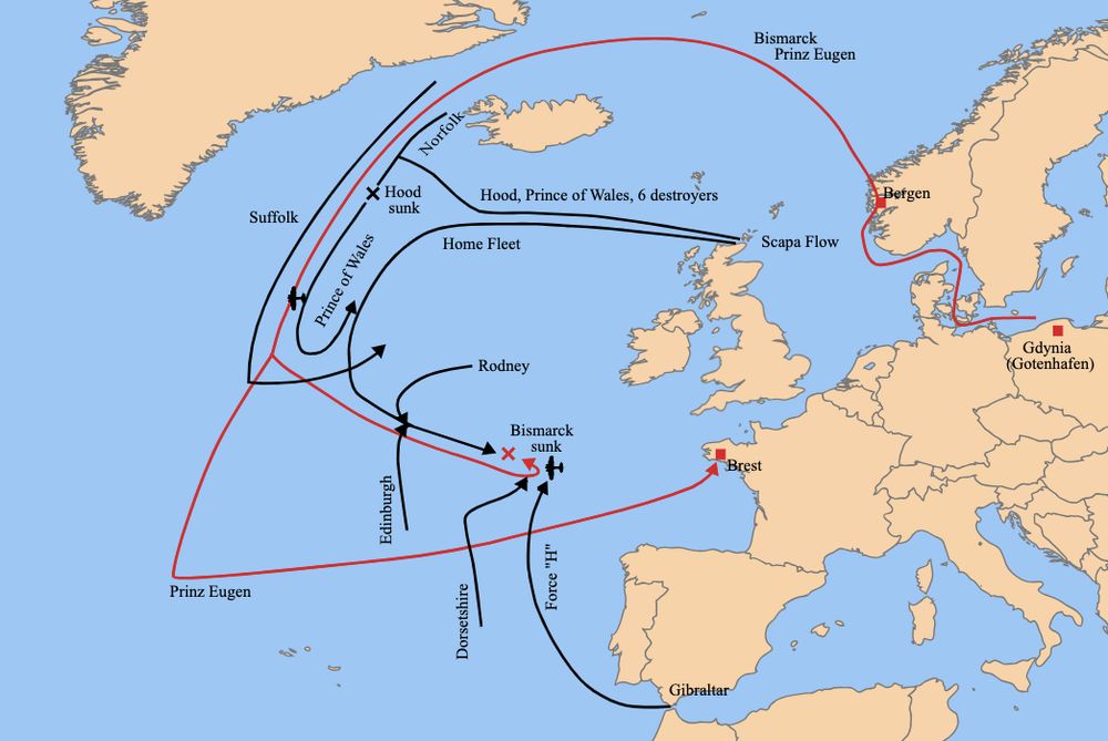 The Hunt for the Bismarck — Naval Pursuit Across the Atlantic

This detailed map traces the dramatic naval engagement that culminated in the sinking of the German battleship Bismarck on May 27, 1941. Rendered in color for clarity, the map captures the vast theater of operations spanning the North Atlantic, British Isles, and western Europe. Red and black lines depict the distinct paths of German and British vessels, respectively. The map begins at Gotenhafen (now Gdynia, Poland), where Bismarck and the heavy cruiser Prinz Eugen departed as part of Operation Rheinübung, a breakout mission into the Atlantic to disrupt Allied shipping. From there, the German warships passed through the Danish Straits near Norway, where they were first spotted by Swedish and British reconnaissance. Arrows trace the encounter in the Denmark Strait, where Bismarck sank HMS Hood, the pride of the Royal Navy, in a catastrophic explosion that killed over 1,400 men. The map continues as Bismarck attempted to flee toward occupied France for repairs in Brest. Her course bends south, but British forces, led by aircraft from HMS Ark Royal, struck a fatal blow—torpedoes disabled her steering near the Bay of Biscay. The convergence of Royal Navy battleships Rodney and King George V, supported by cruisers and destroyers, is clearly plotted. The red “X” marks the site of Bismarck’s final stand and sinking. This map encapsulates the scale, coordination, and urgency of one of the most consequential naval operations of World War II. It also illustrates the importance of intelligence, air reconnaissance, and swift response across vast distances. More than just a tactical victory, the chase for the Bismarck became a symbol of Allied resolve and signaled the strategic importance of controlling Atlantic sea lanes in the fight against Nazi Germany.