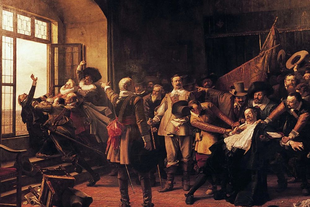 The Second Defenestration of Prague – A Spark That Lit a Continent

This dramatic historical painting captures the pivotal moment of the Second Defenestration of Prague, which occurred on May 23, 1618. The scene shows a chaotic interior chamber in Prague Castle where Protestant Bohemian nobles, enraged by perceived Catholic overreach and violations of religious liberties, confront imperial officials representing Ferdinand II of Habsburg. In a moment charged with fury and defiance, the nobles physically seize the Catholic envoys—most notably Jaroslav Bořita of Martinice and William Slavata of Chlum—and hurl them from a high window of the Bohemian Chancellery. Their descent from this window, seen to the left of the image, was over 20 meters, yet miraculously, the envoys survived, landing in a manure heap or ditch. The act, steeped in both symbolism and violence, sent shockwaves across Europe. What might seem today like political theater was, in fact, the fuse for one of the most devastating conflicts in European history—the Thirty Years’ War. The painting is rich in historical and artistic detail: furrowed brows and extended arms show a range of expressions from determination to shock; the contrast between light flooding through the open window and the shadowy crowd within emphasizes the impending descent into chaos. The defenestration became a defining moment in the struggle between Protestant and Catholic factions, exacerbating existing tensions in the Holy Roman Empire. Ultimately, the war that followed would claim millions of lives, redraw borders, and shift the European balance of power for generations. This image, though a recreation, remains one of the most enduring visual testaments to the explosive power of religious and political conflict in early modern Europe.