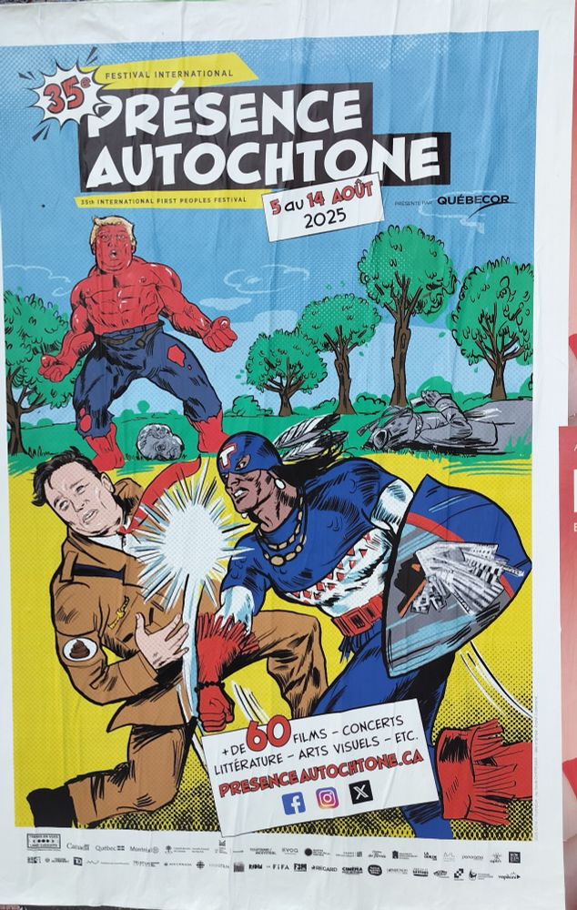 Dessin type comics des années 60-70. Un "Captain America" autochtone met un droite à un Elon Musk habillé en nazi, face à un Donald Trump en mode Hulk rouge.