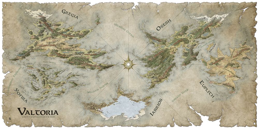 An equirectangular map on torn parchment showing a world (Valtoria) in sepia tones. The windrose has a light beacon at it's center.