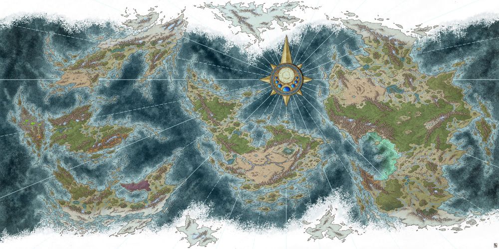 A world map with ice caps. Three continents in the western part, one in the middle and a huge one in the eastern part. The biomesarevaried.  The compass rose is ornate and shows inserts of lapis lazuli and triangular shaped friezes. Light seems to be coming from the rose engravings.