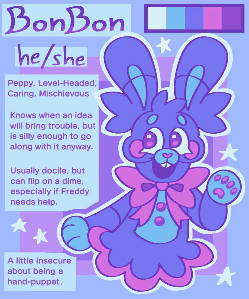 a reference sheet for bonbon! the text reads “he/she. peppy, level-headed, caring, mischievous. Knows when an idea will bring trouble, but is silly enough to go along with it anyway. Usually docile, but can flip on a dime, especially if freddy needs help. A little insecure about being a hand-puppet.”