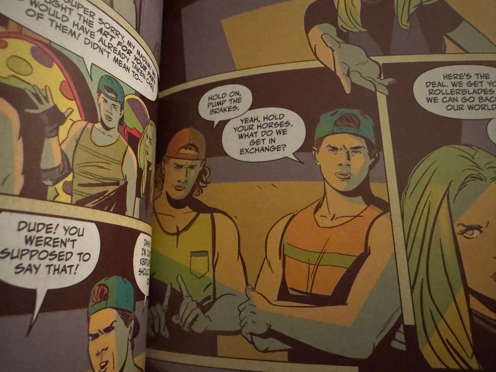 A picture of the inside of the Buffy ‘97 comic book. There are multiple panels featuring two bro dudes in sleeveless tank tops and backwards caps. I believe their likeness to be taken from Reilly and Jonesy from Letterkenny. 