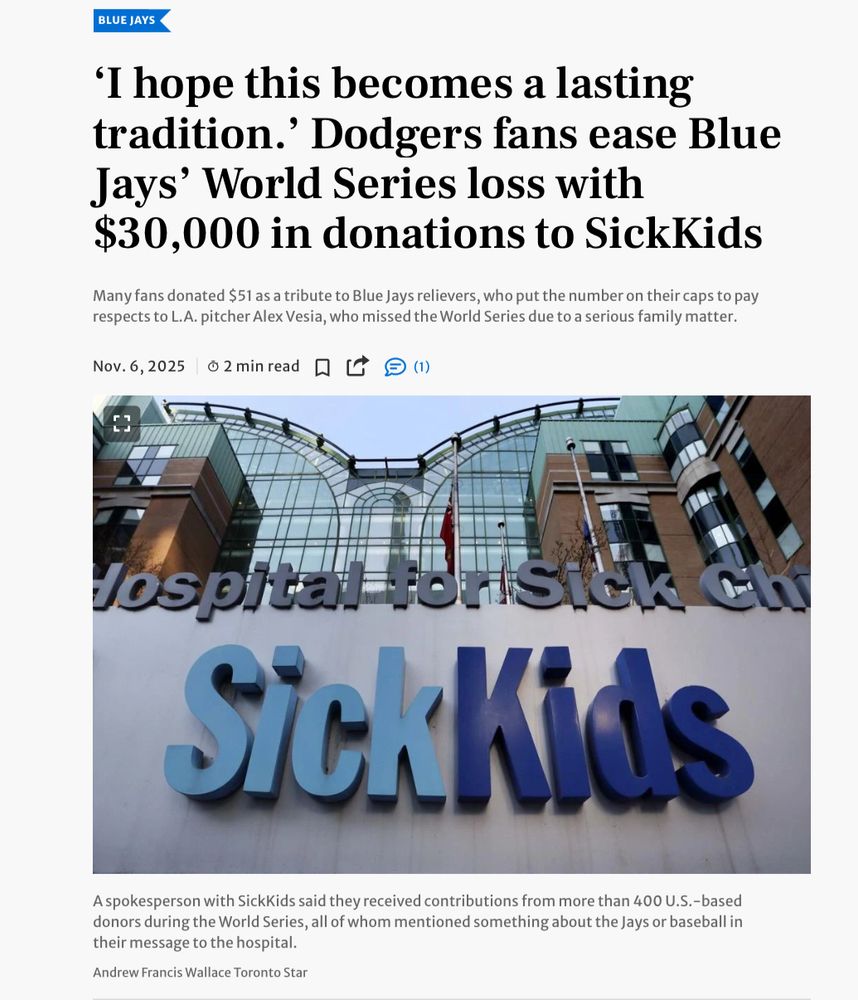 A screenshot of a Toronto Star article titled quote I hope this becomes a lasting tradition unquote Dodgers fans ease Blue Jays World Series loss with 30k in donations to SickKids 