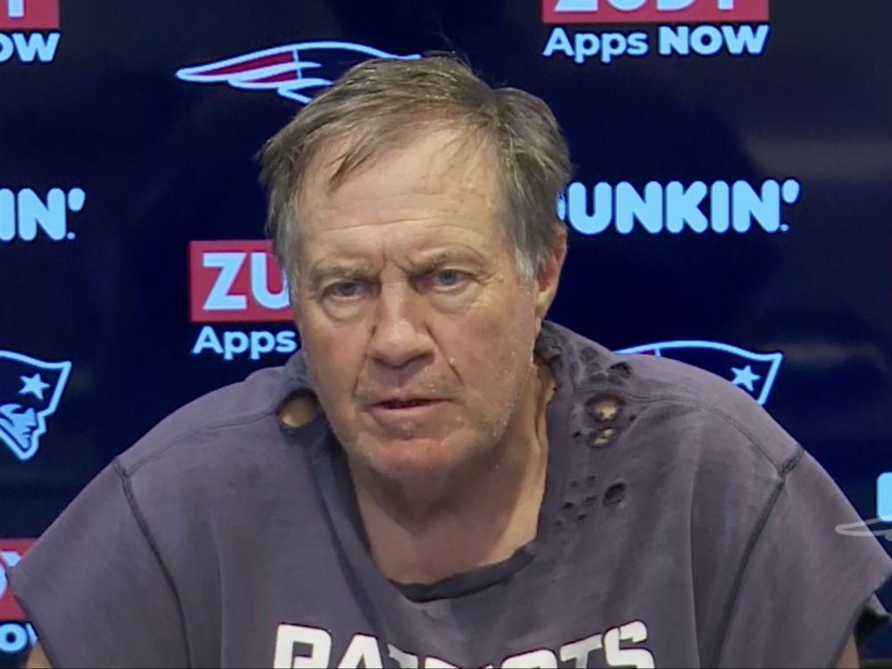 Bill Belichick looking incredulously at a reporter during a post game press conference.