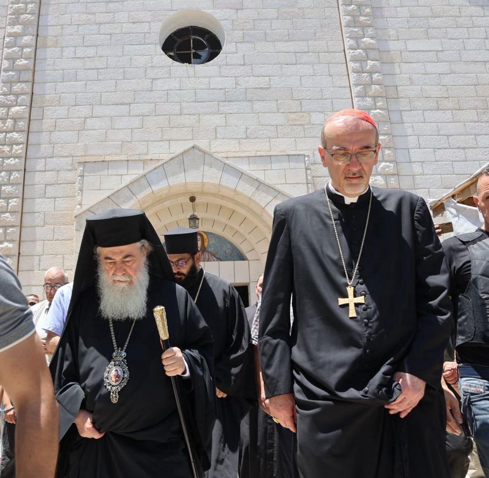 Cardinal Pizzaballa and Patriarch Theophilos III outside the Holy Family Church in Gaza